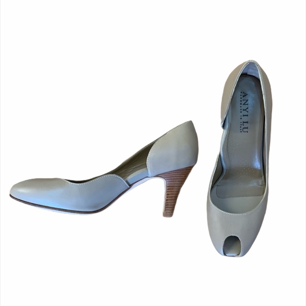 Anyi Lu Peep Open Toe Beige Leather Heels